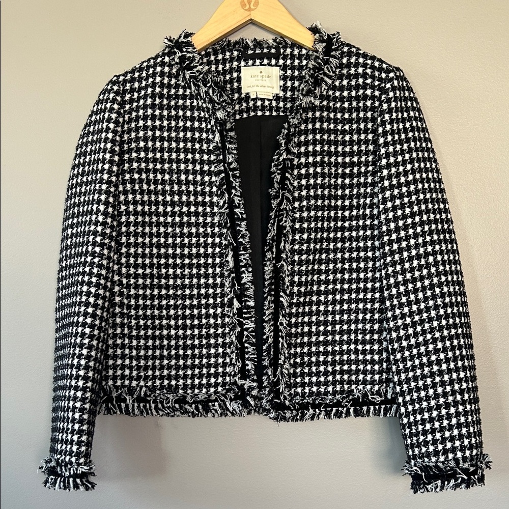 Kate Spade Houndstooth Tweed Lady Jacket‎ Size 2 Black White Herringbone